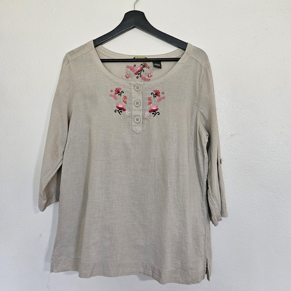 Eddie Bauer Women's Large Beige Cotton Floral Embroidered Henley Tunic Top Roll